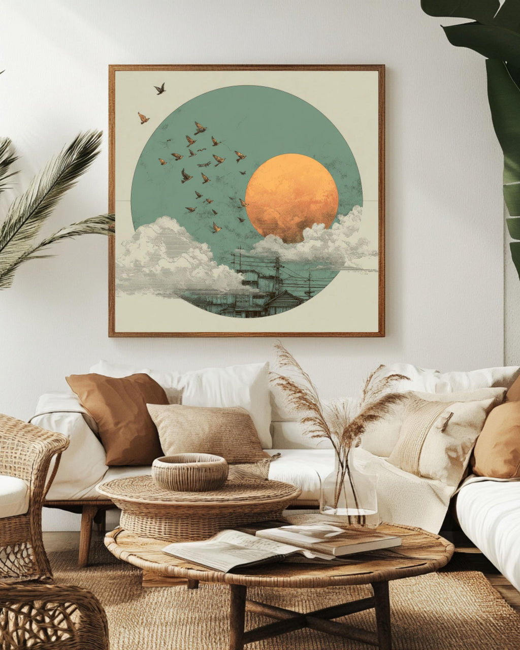 Japandi Canvas Wall Art: Sage Green Moon, Birds, Japanese Sun