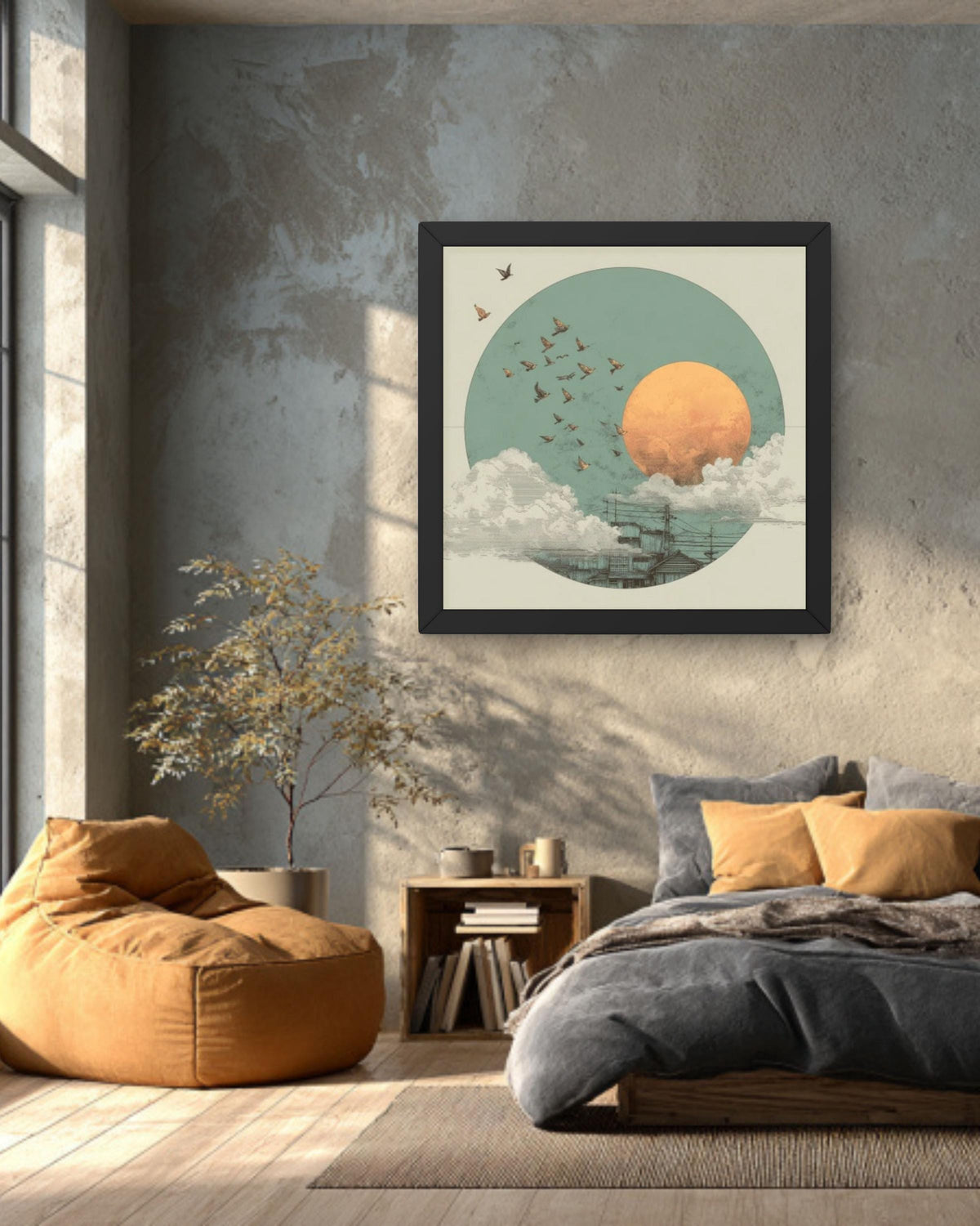 Japandi Canvas Wall Art: Sage Green Moon, Birds, Japanese Sun