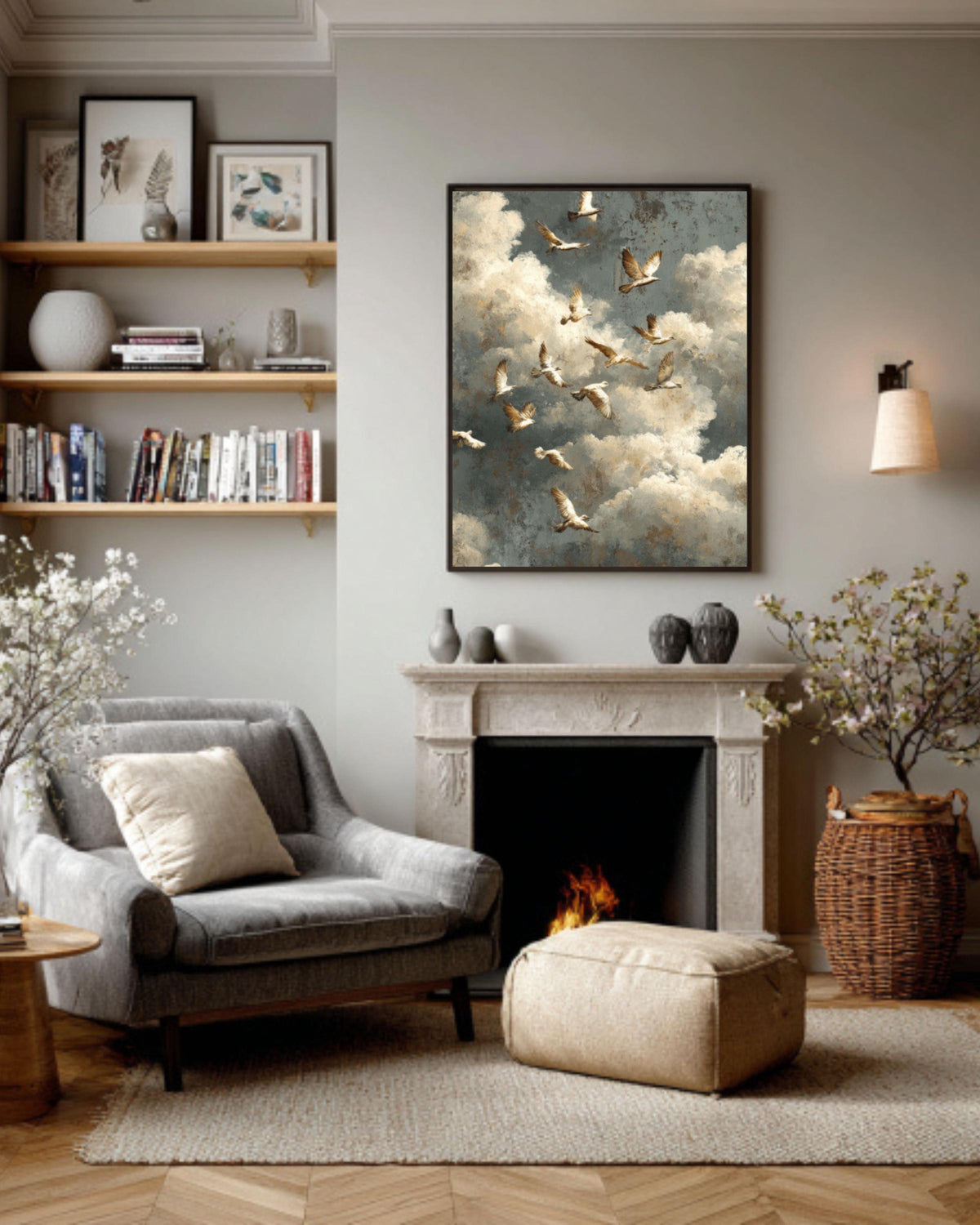 Framed Canvas Bird Art: Neutral Rustic Minimalist Wall Decor