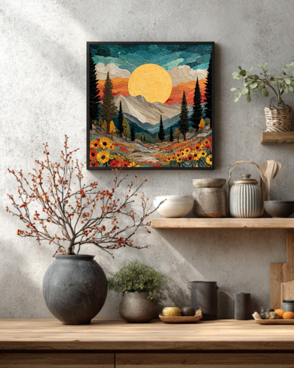 Southwestern Sun Canvas Print: Boho Mountain Floral Landscape