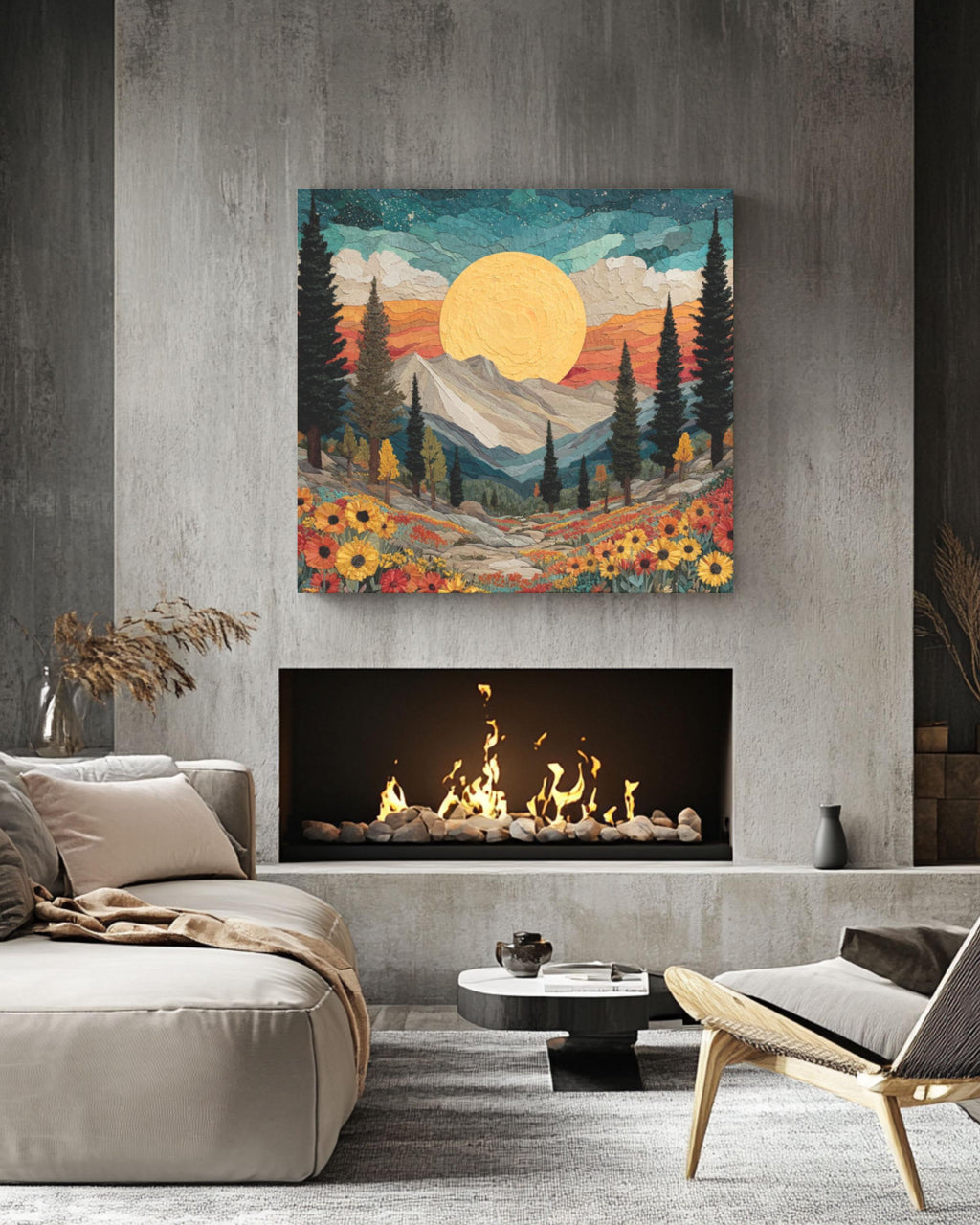 Southwestern Sun Canvas Print: Boho Mountain Floral Landscape