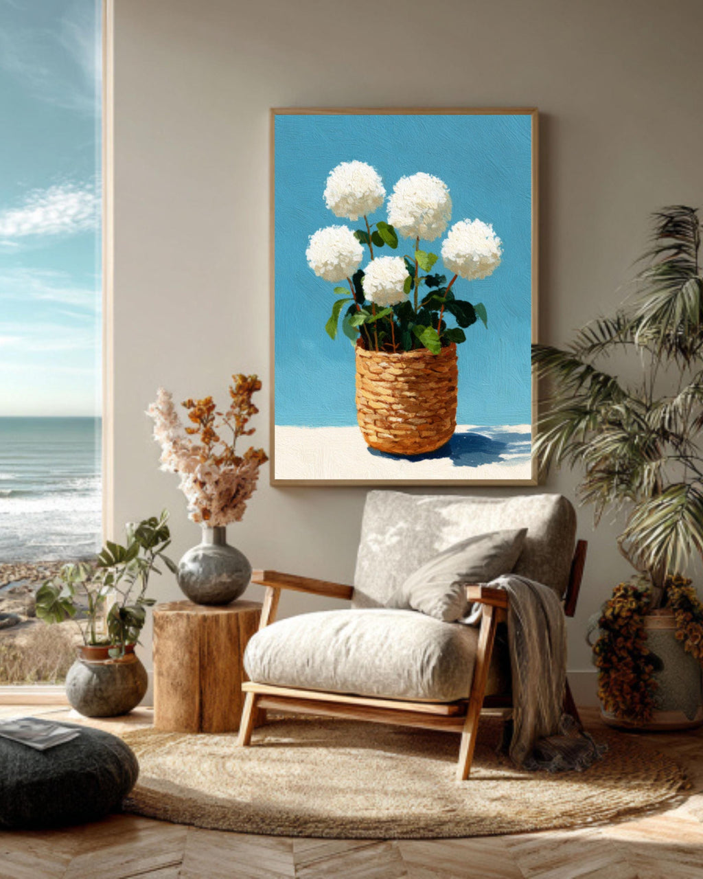 Hydrangea Basket Coastal Canvas Art: Rustic Floral Wall Decor