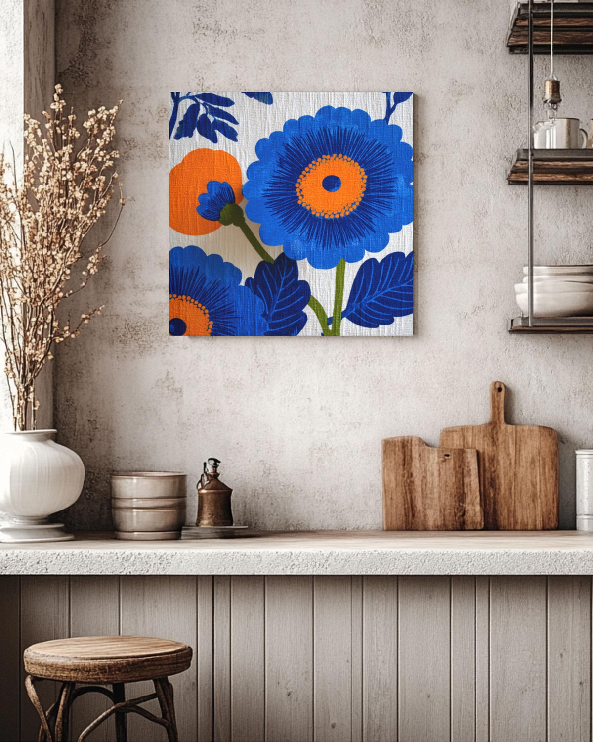 Retro Floral Canvas Wall Art: Mid-Century Modern Botanical Print
