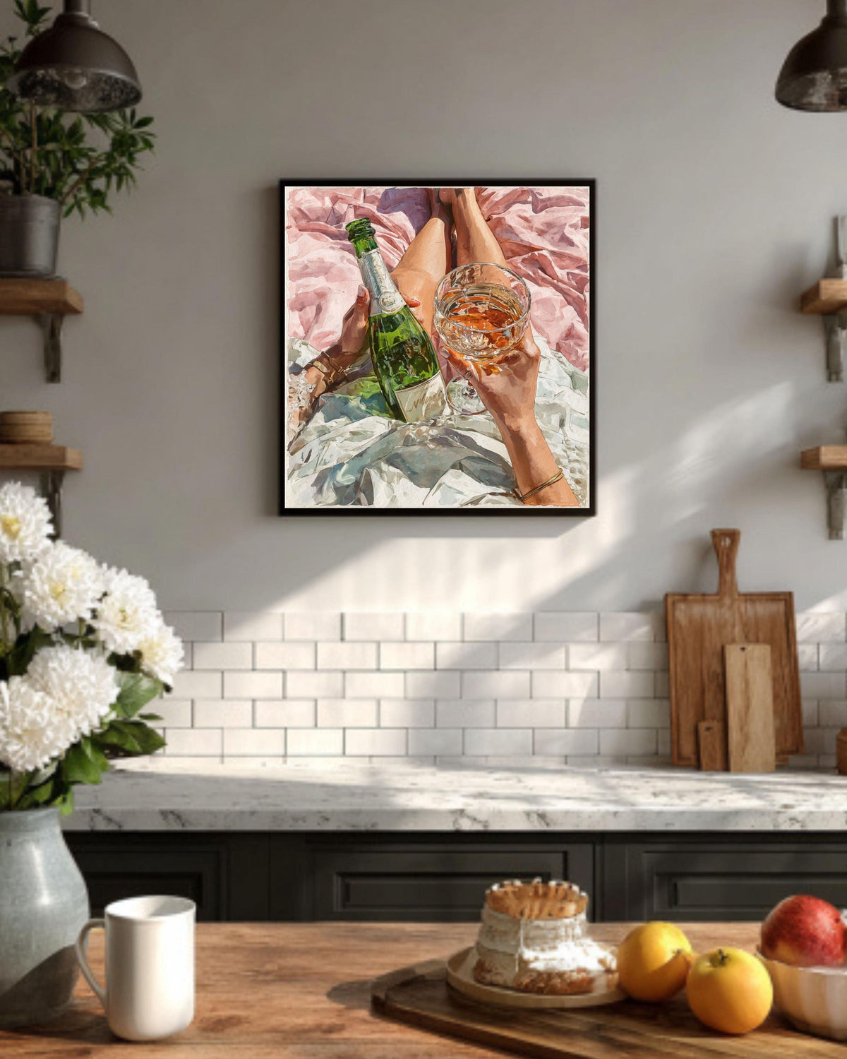 Pink Champagne Watercolor Print: Chic Bar Cart Decor
