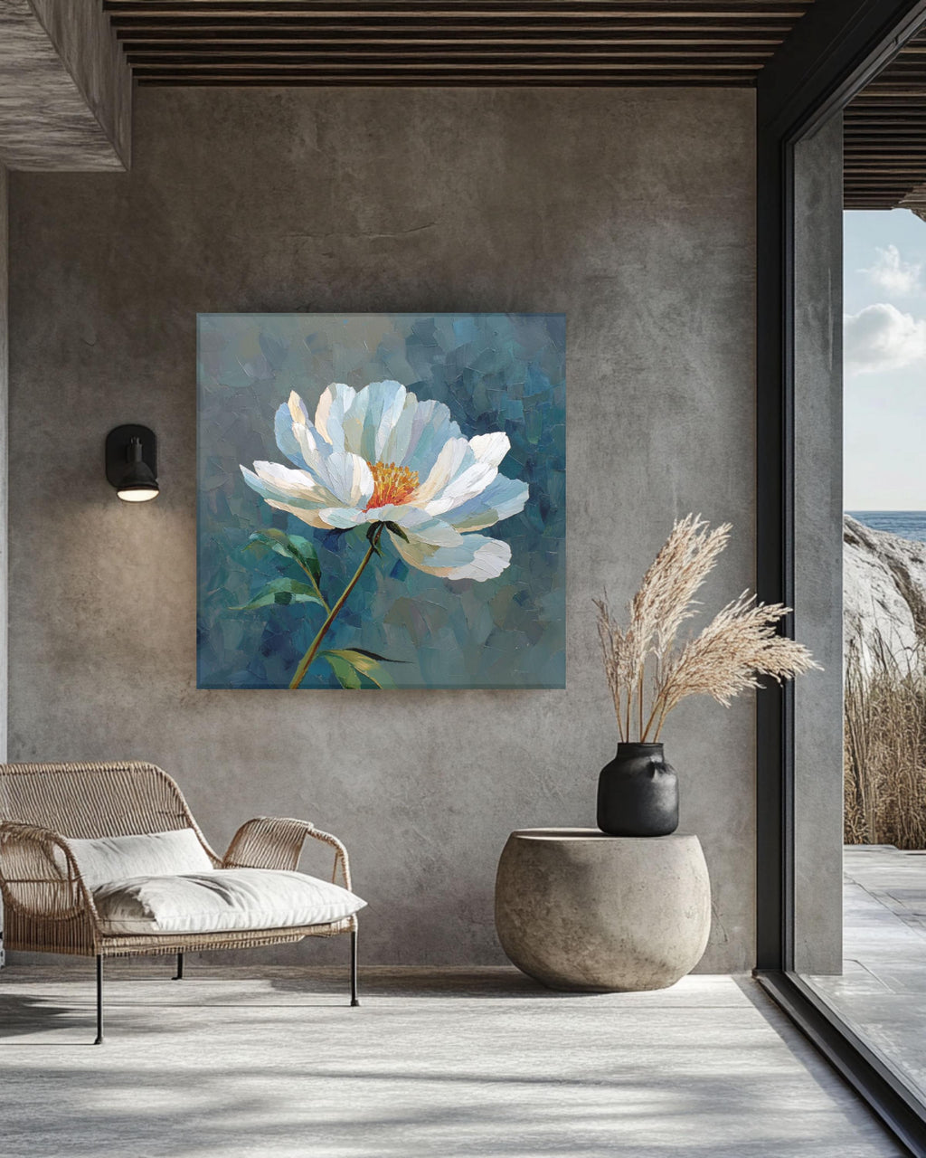 Textured White Flower Oil Painting: Botanical Impasto Canvas Art