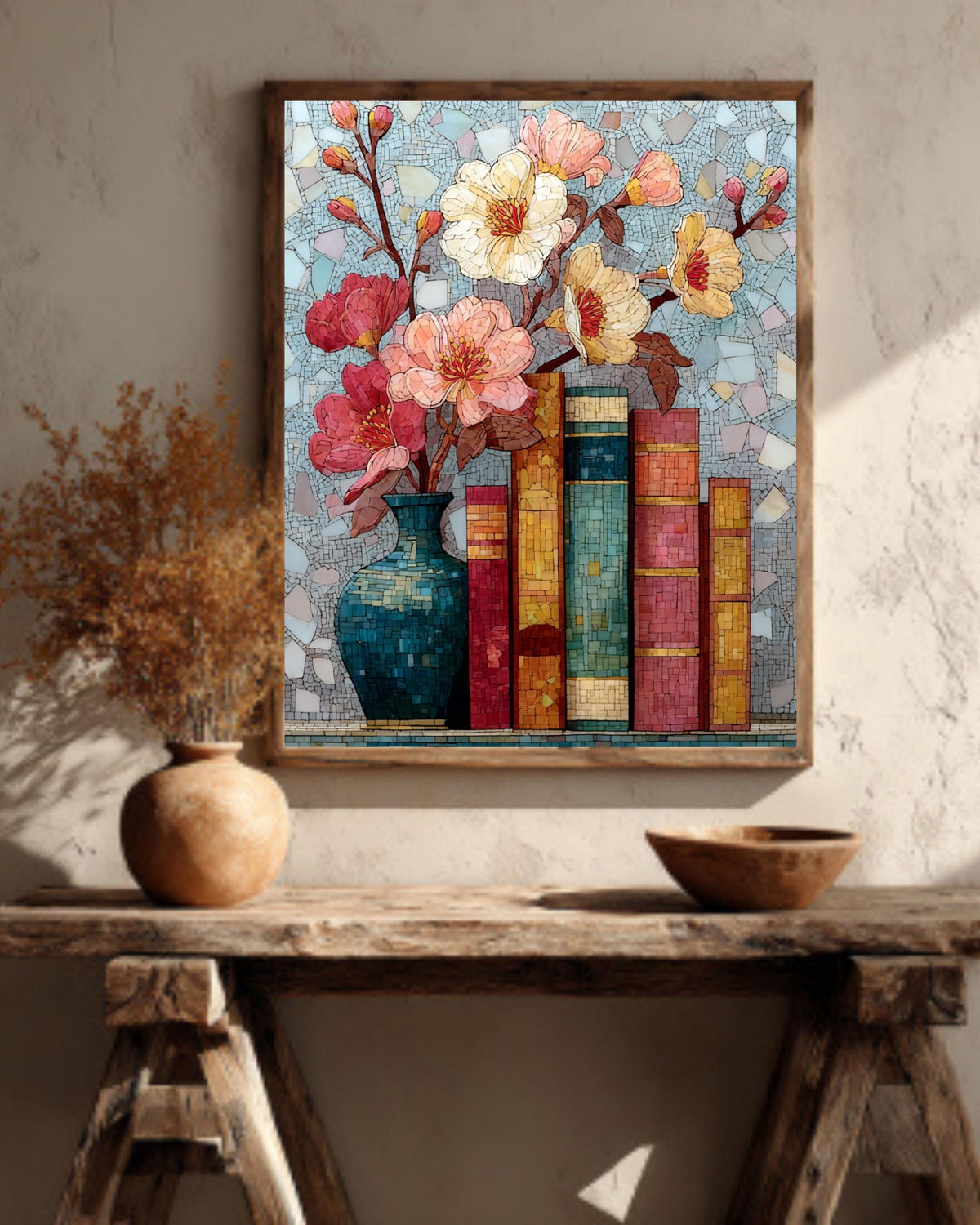 Stained Glass Wildflower Book Canvas Art: Light Academia Floral Decor