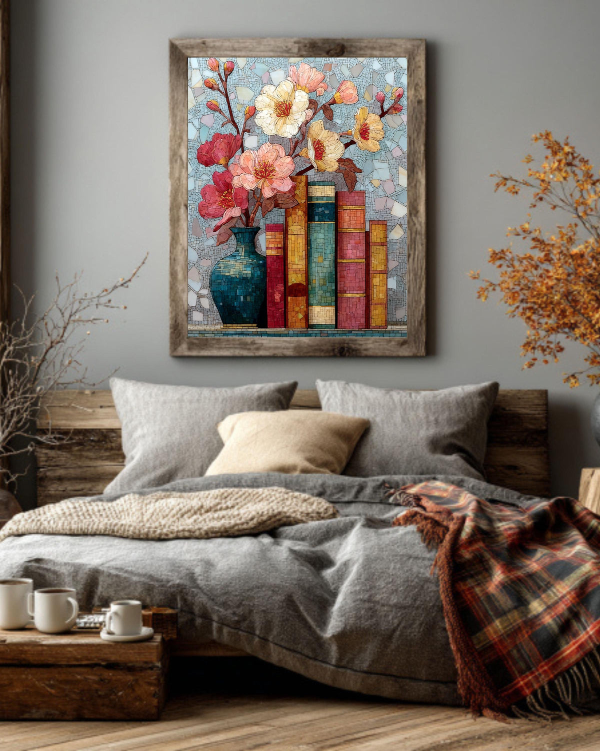 Stained Glass Wildflower Book Canvas Art: Light Academia Floral Decor