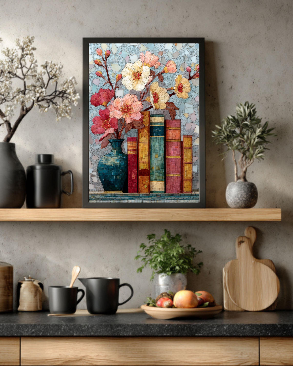 Stained Glass Wildflower Book Canvas Art: Light Academia Floral Decor