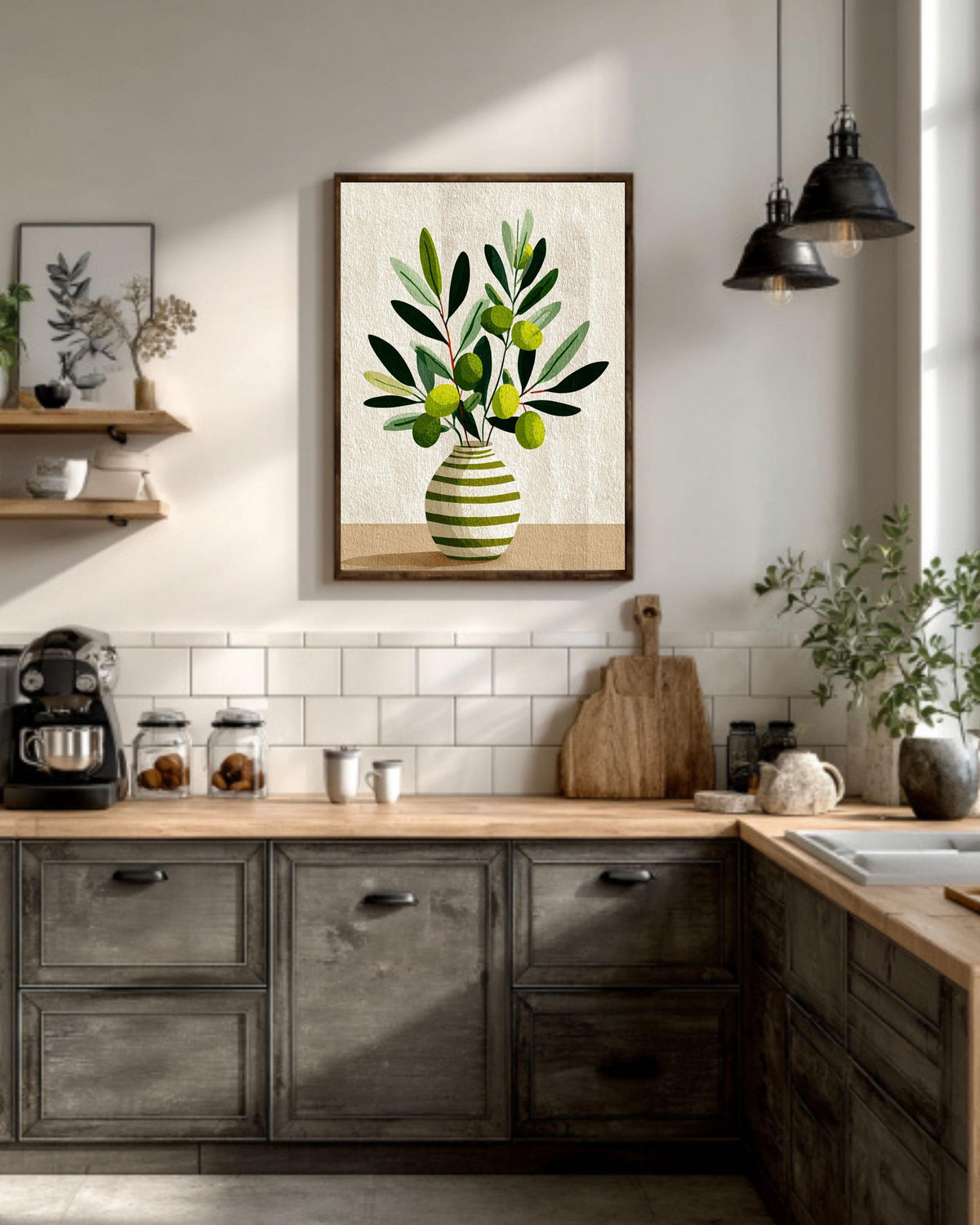 Scandinavian Olive Flower Canvas: Minimalist Nordic Botanical Art Print