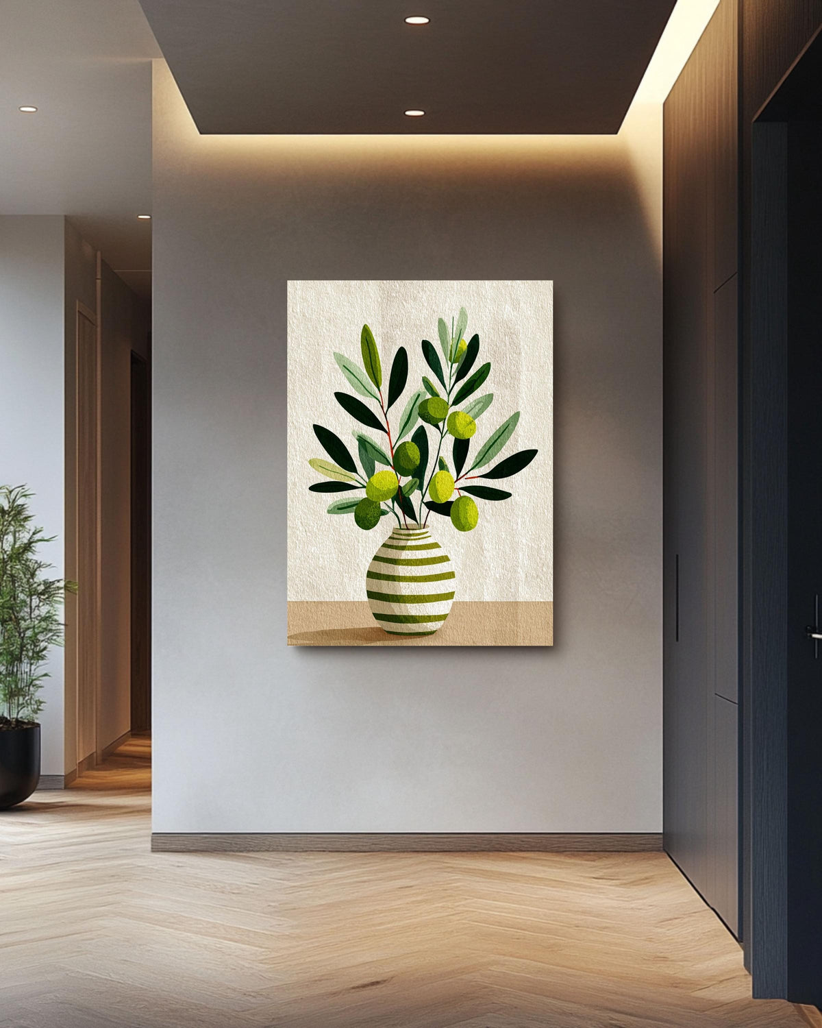Scandinavian Olive Flower Canvas: Minimalist Nordic Botanical Art Print