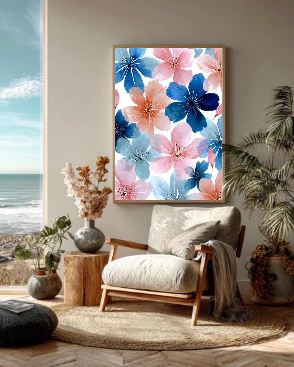 Pink and Blue Floral Canvas: Watercolor Flower Wall Art