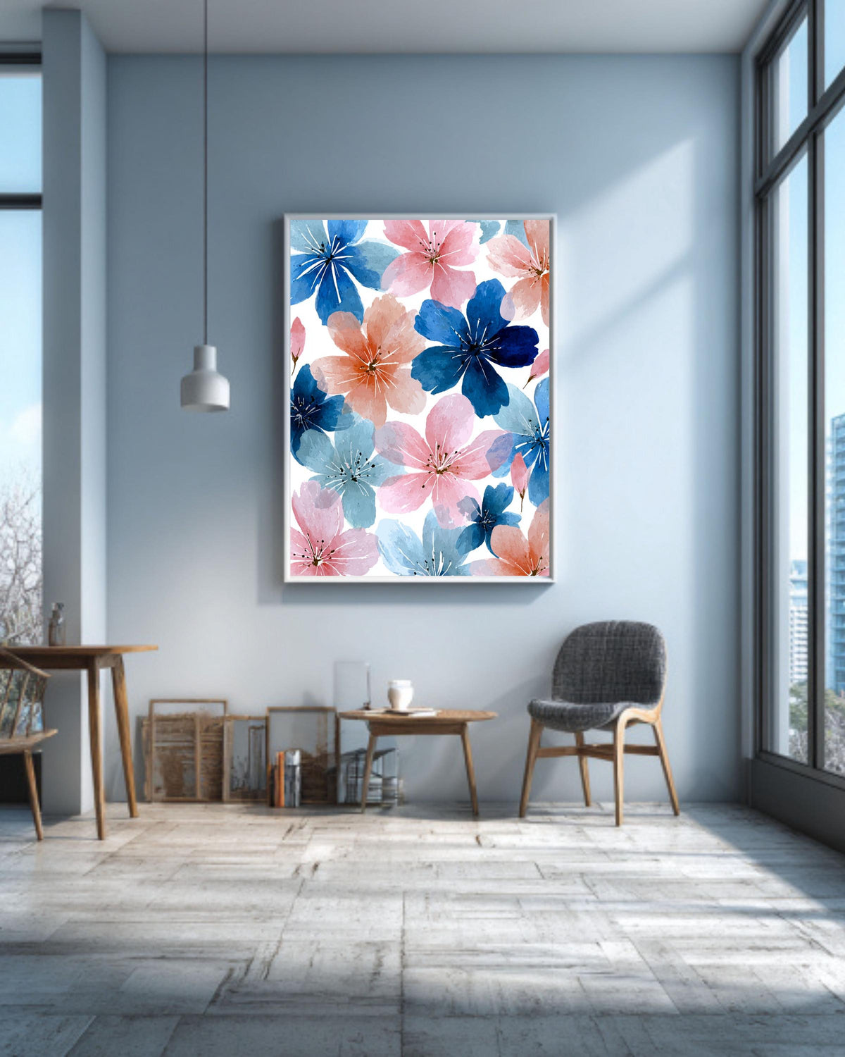 Pink and Blue Floral Canvas: Watercolor Flower Wall Art