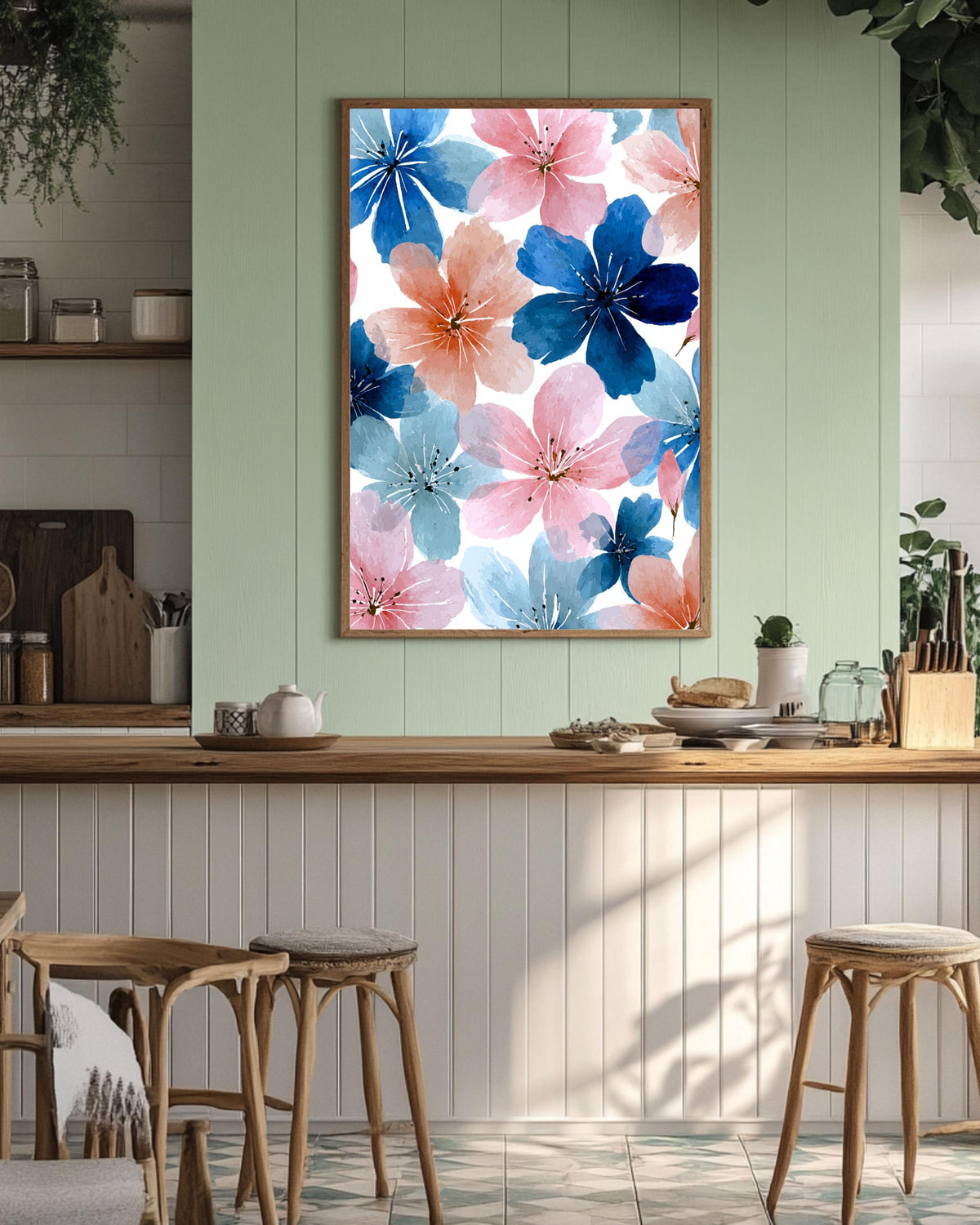 Pink and Blue Floral Canvas: Watercolor Flower Wall Art