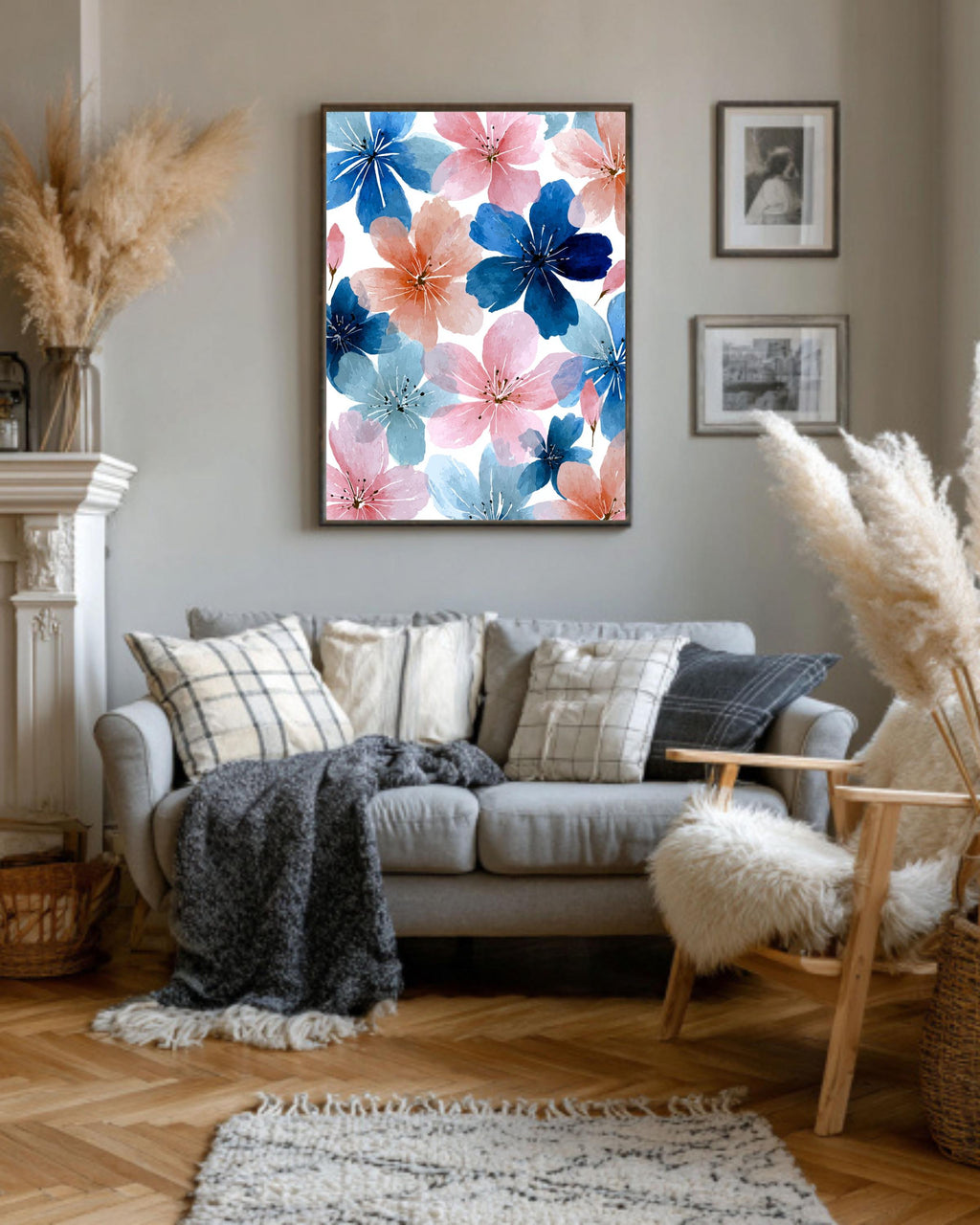 Pink and Blue Floral Canvas: Watercolor Flower Wall Art