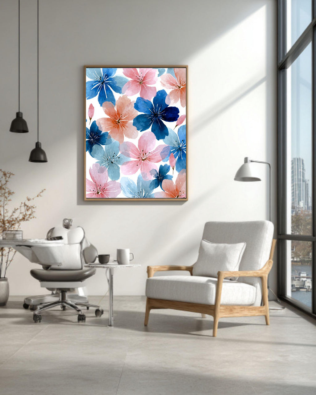 Pink and Blue Floral Canvas: Watercolor Flower Wall Art