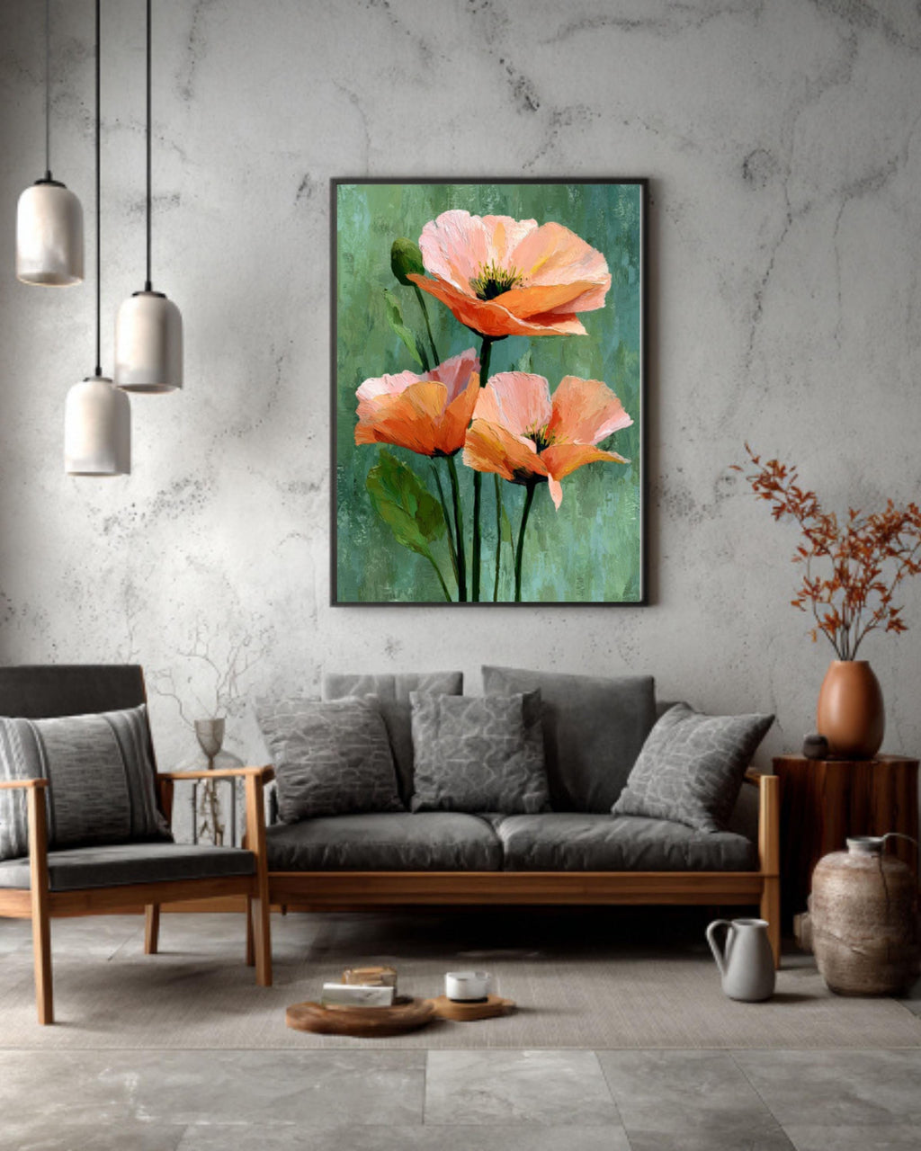 Blush Peony Trio Canvas Print: Minimalist Olive Green Floral Art