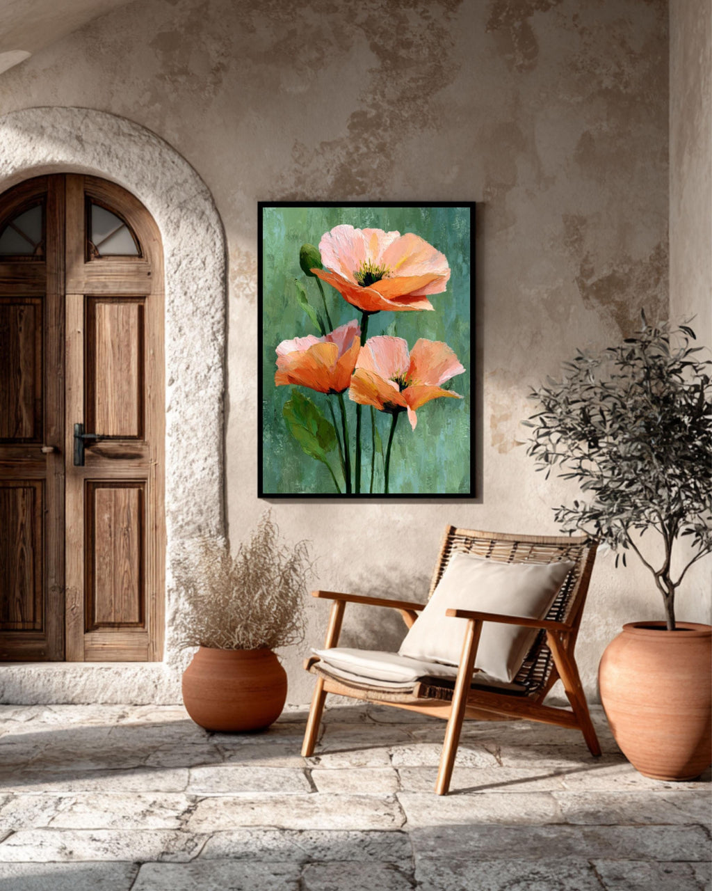 Blush Peony Trio Canvas Print: Minimalist Olive Green Floral Art