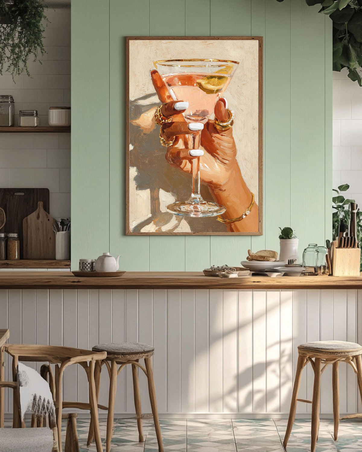 Cocktail Glass Hand Canvas Print: Modern Glam Bar Decor