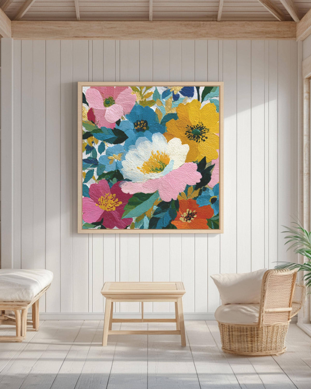 Colorful Floral Canvas Wall Art: Modern Botanical Painting Print