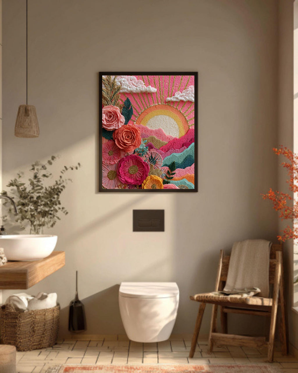 Floral Sunrise Canvas Art: Boho Abstract Nature Painting