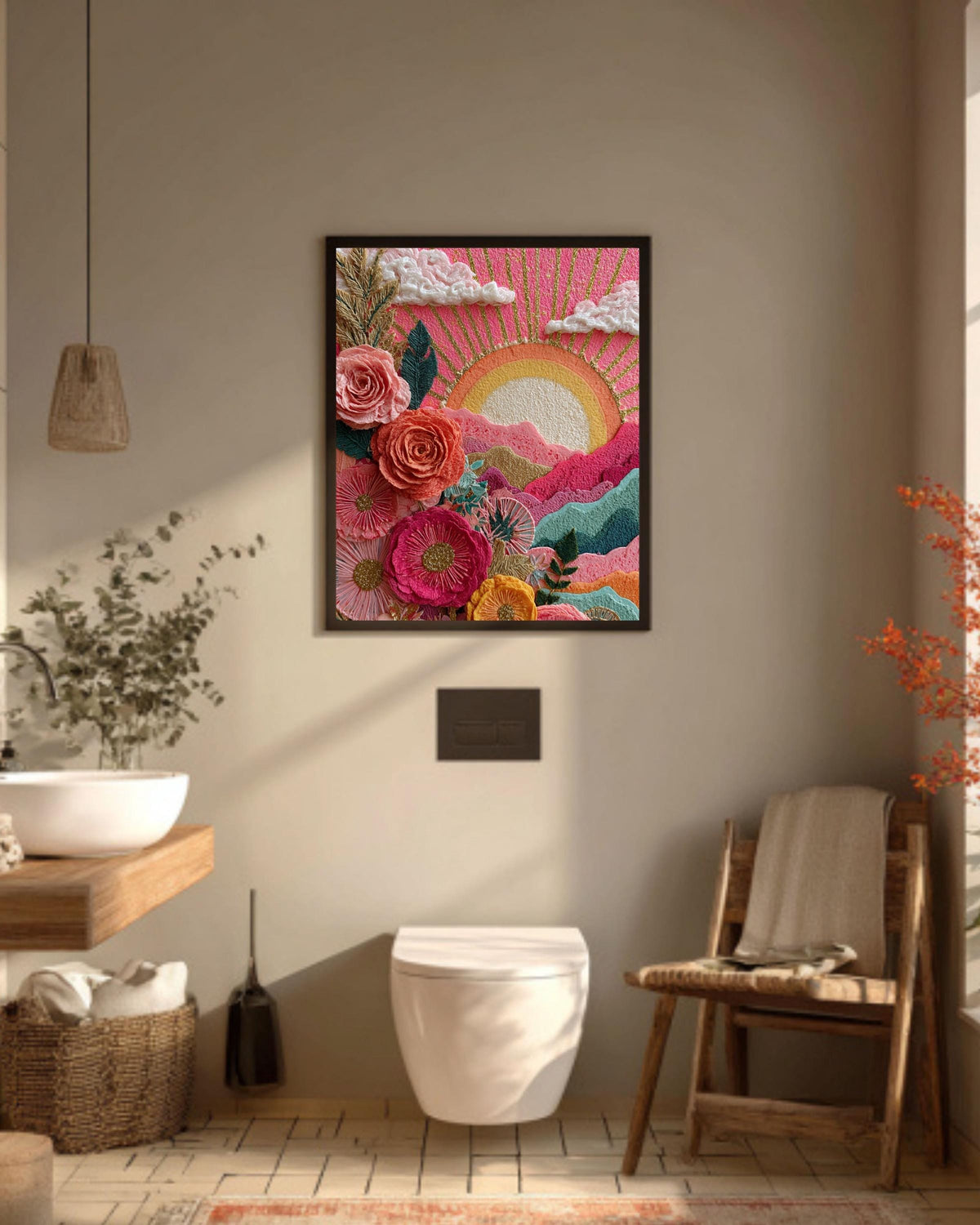 Floral Sunrise Canvas Art: Boho Abstract Nature Painting