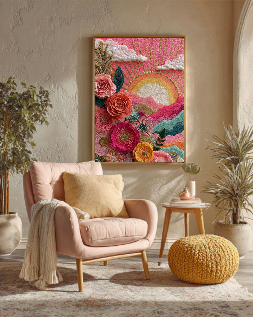 Floral Sunrise Canvas Art: Boho Abstract Nature Painting