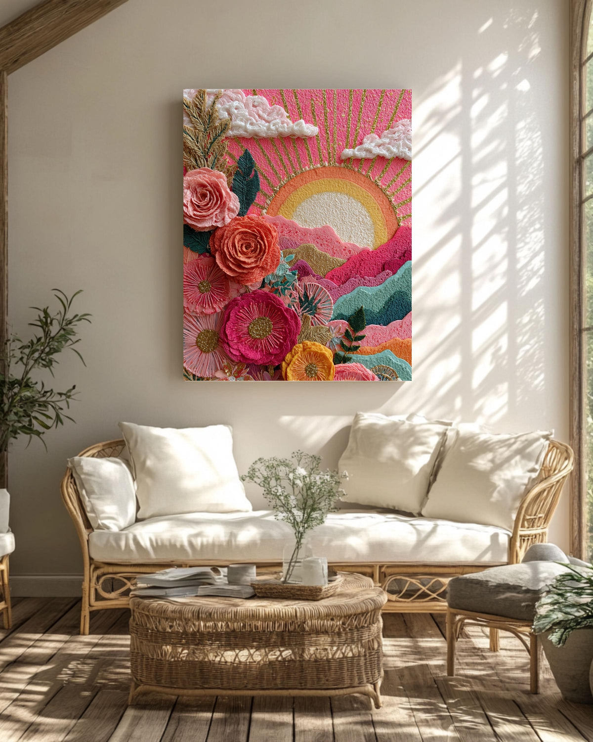 Floral Sunrise Canvas Art: Boho Abstract Nature Painting