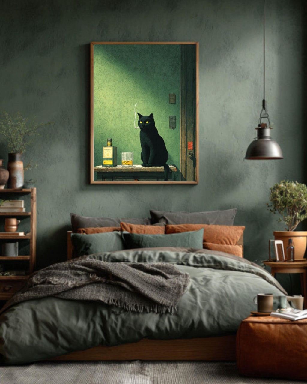 Moody Black Cat Smoking Whiskey Canvas Print, Gothic Bar Art