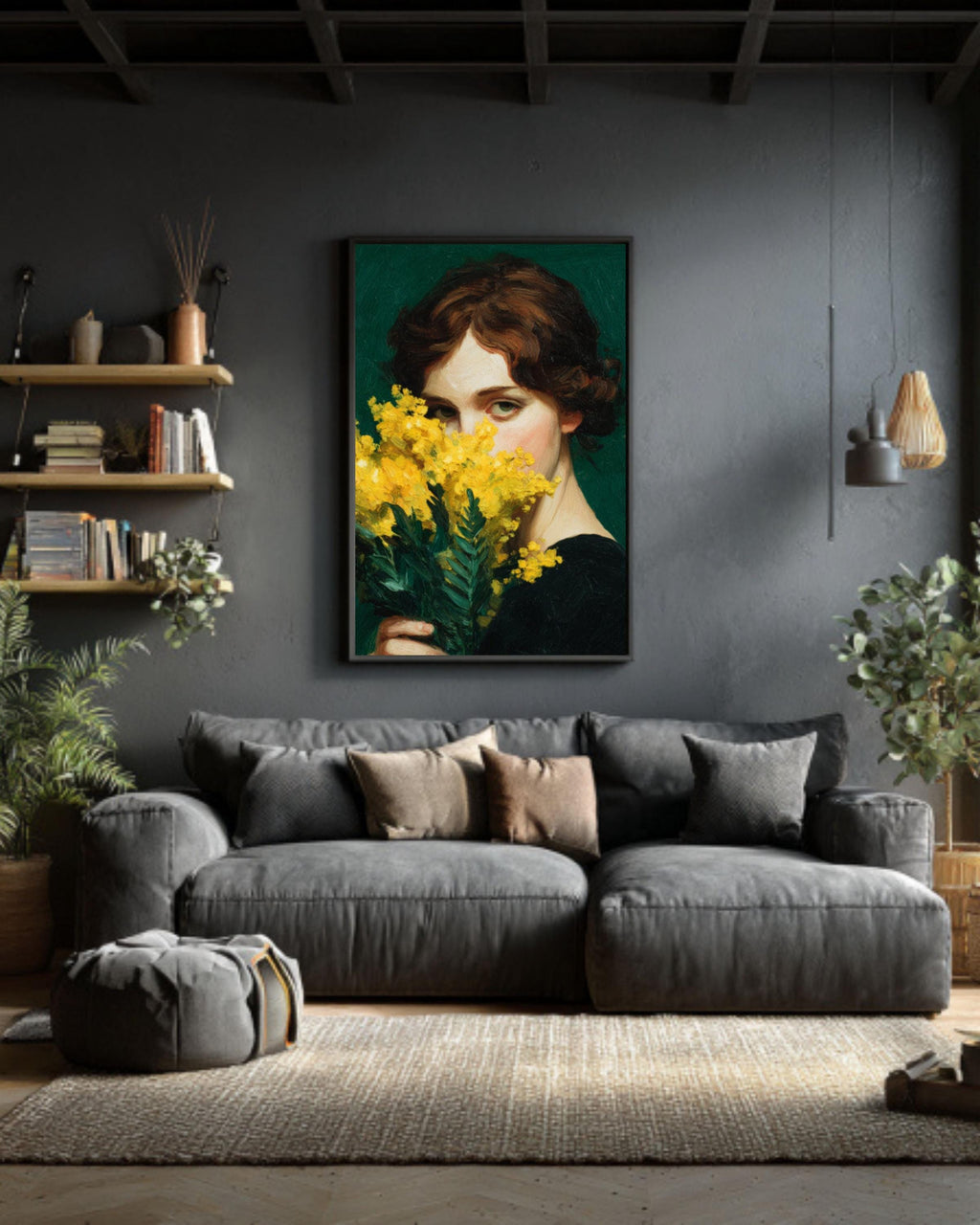 Emerald Green Woman Canvas Print: Japandi Mimosa Botanical Art