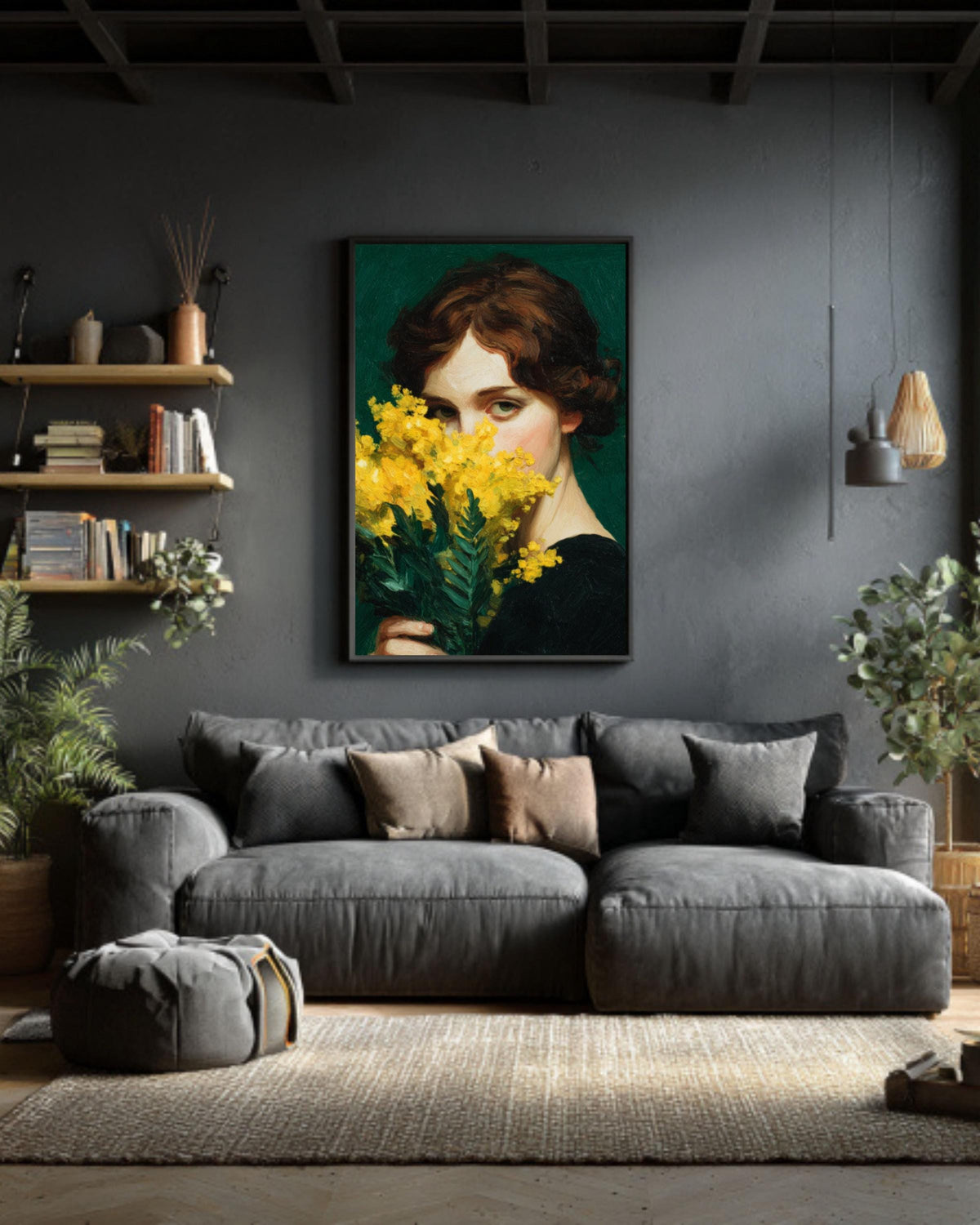 Emerald Green Woman Canvas Print: Japandi Mimosa Botanical Art