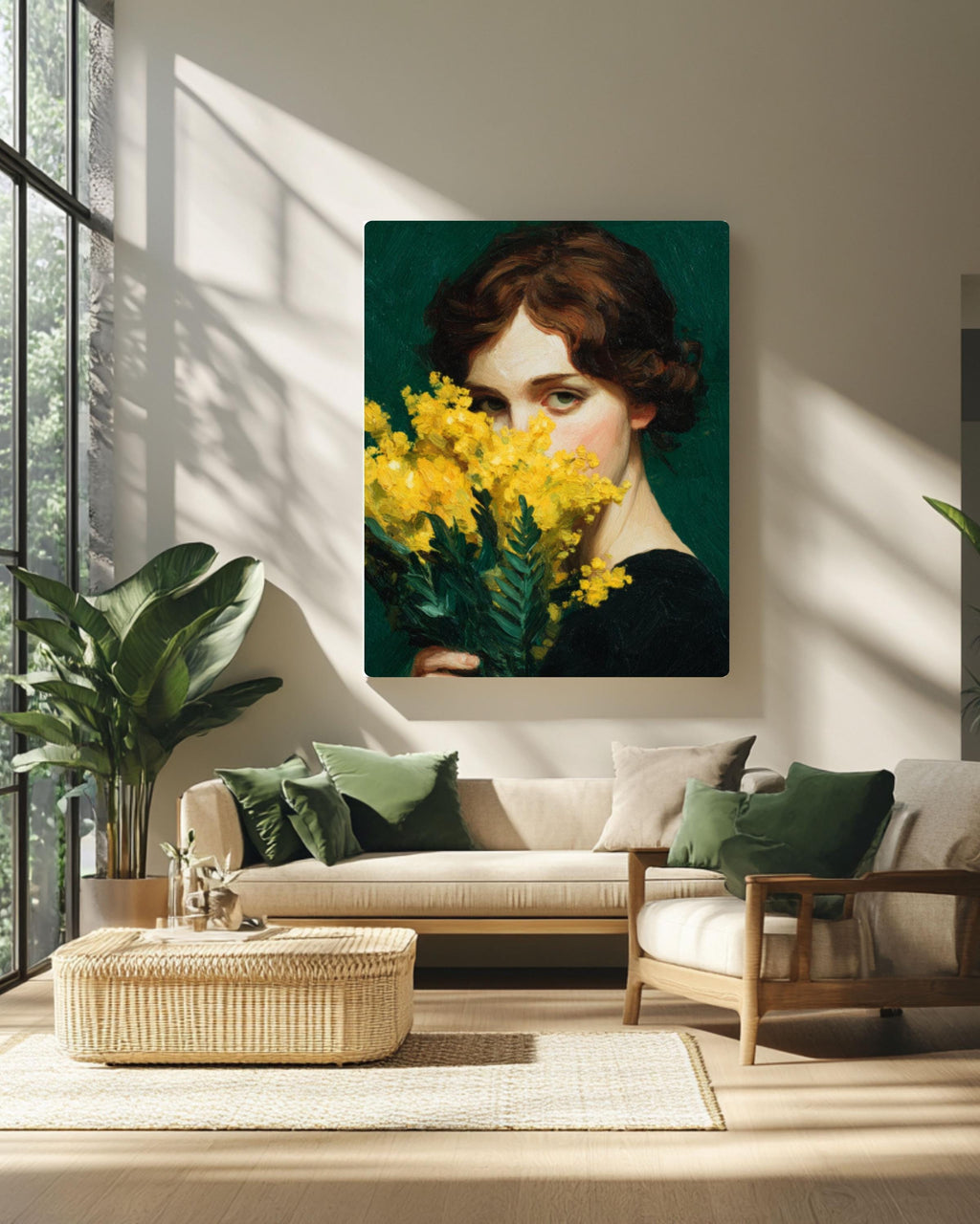 Emerald Green Woman Canvas Print: Japandi Mimosa Botanical Art
