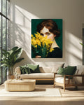 Emerald Green Woman Canvas Print: Japandi Mimosa Botanical Art