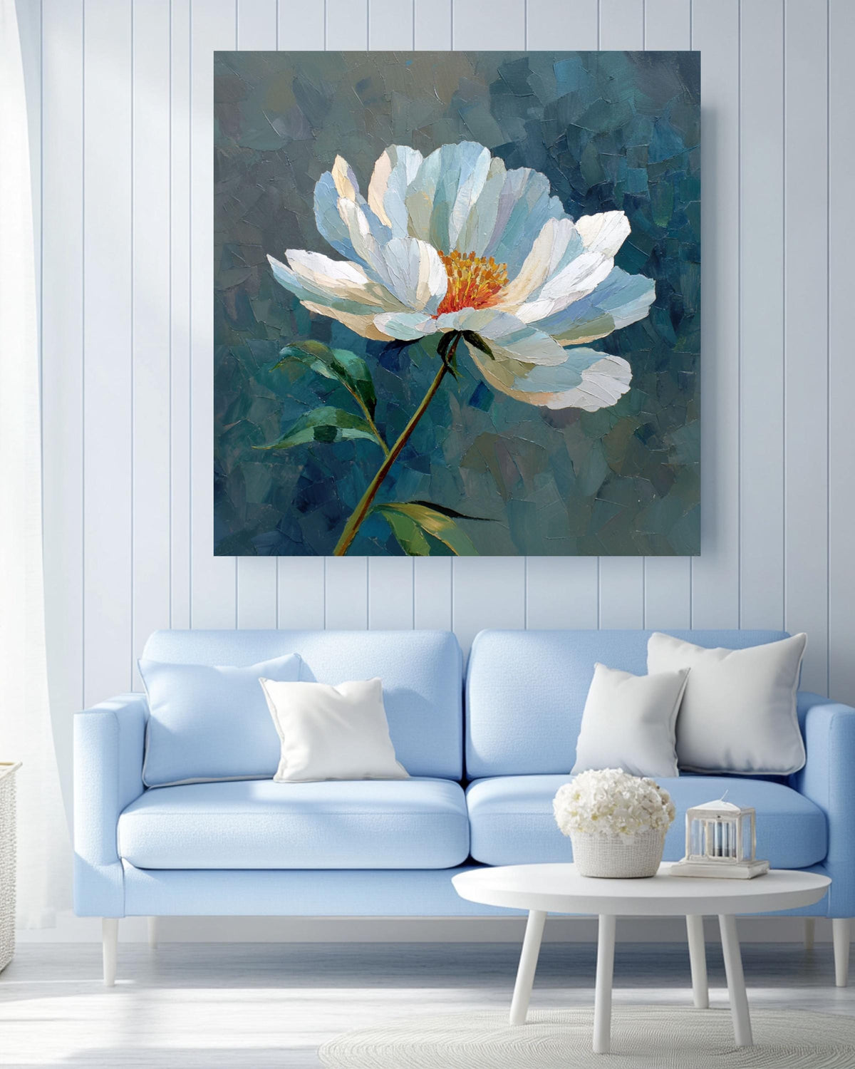 Textured White Flower Oil Painting: Botanical Impasto Canvas Art