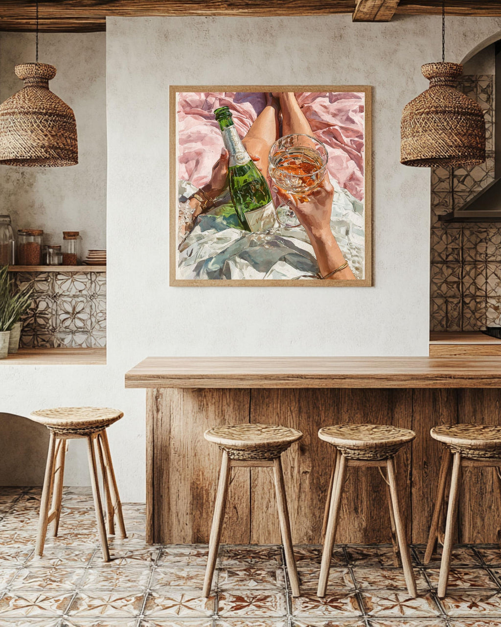 Pink Champagne Watercolor Print: Chic Bar Cart Decor