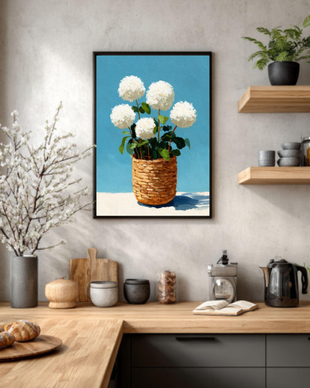 Hydrangea Basket Coastal Canvas Art: Rustic Floral Wall Decor