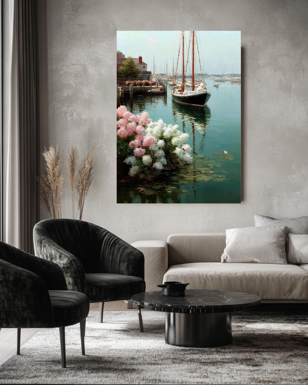 Sailboats and Hydrangeas Coastal Canvas Art: Nautical Beach House Decor