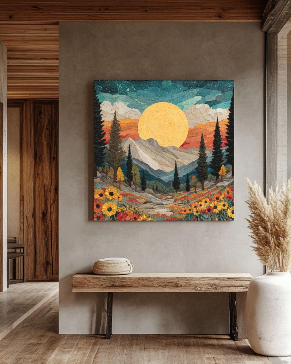 Southwestern Sun Canvas Print: Boho Mountain Floral Landscape