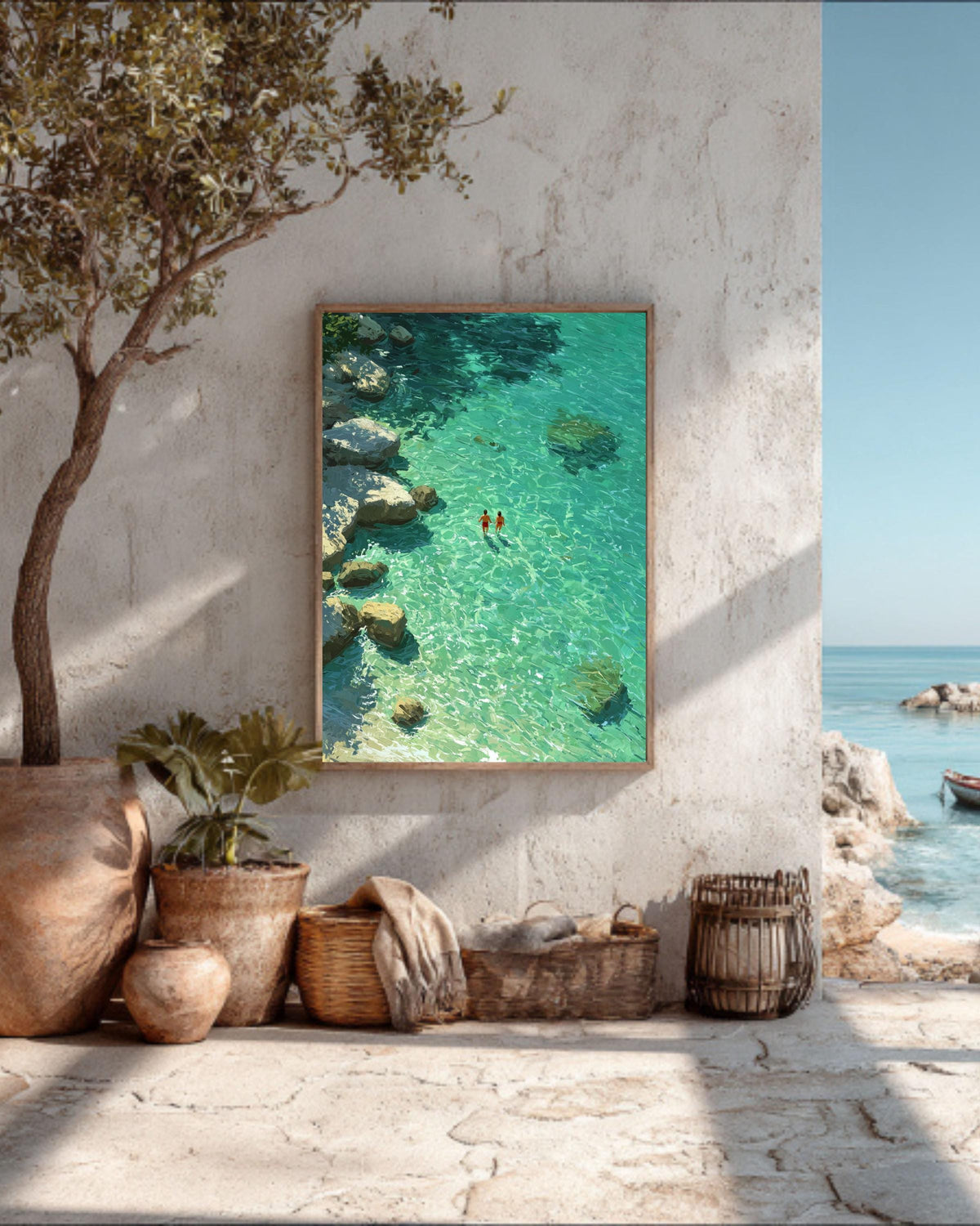 Green Abstract Oil Painting Print: Turquoise Swimming Artwork