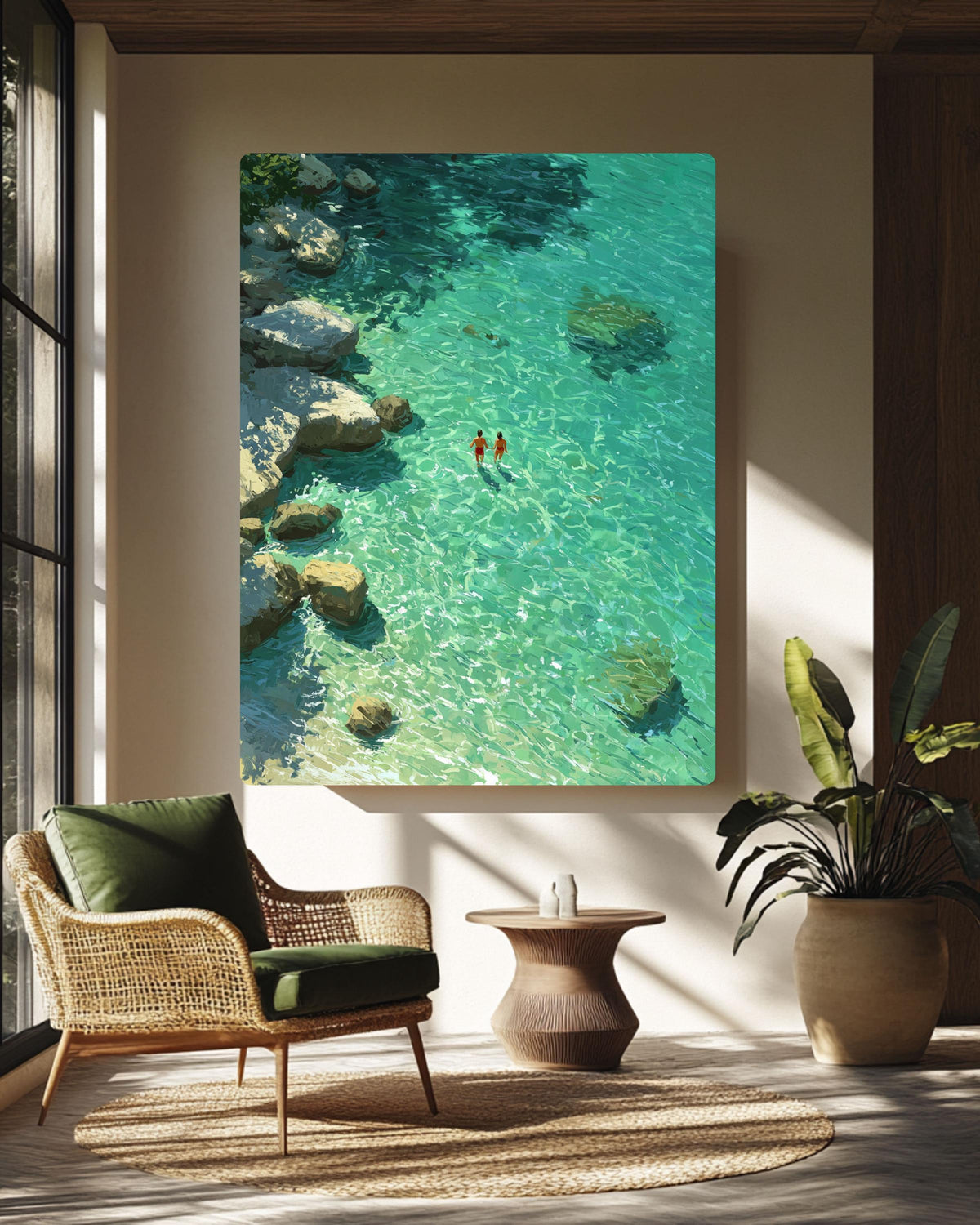 Green Abstract Oil Painting Print: Turquoise Swimming Artwork