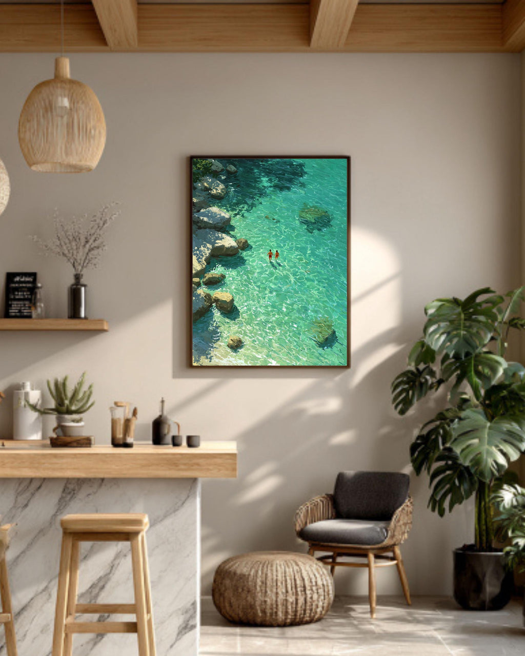 Green Abstract Oil Painting Print: Turquoise Swimming Artwork