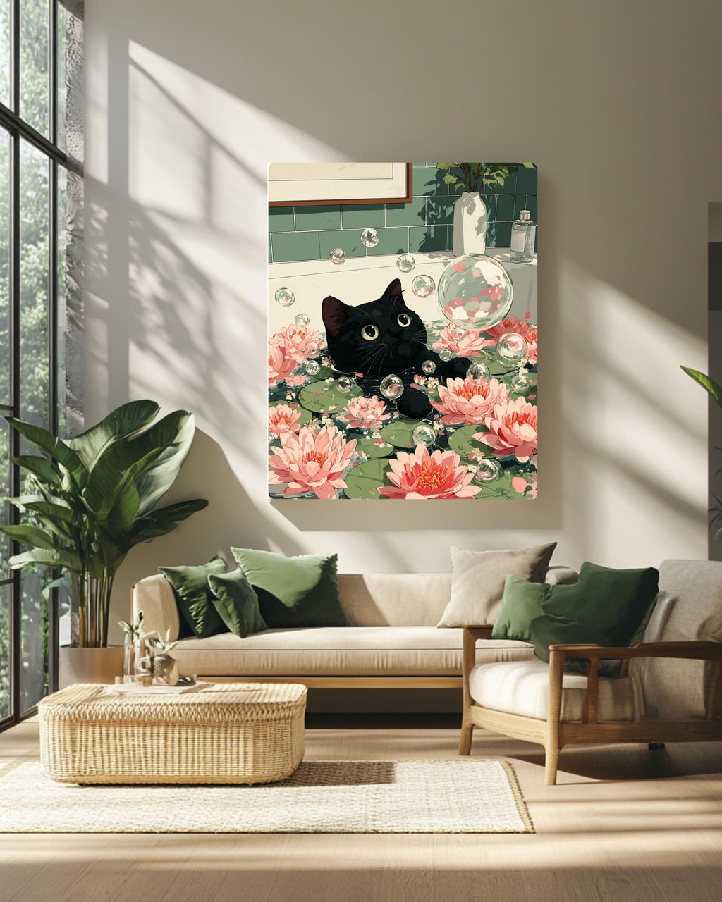 Funny Black Cat Bathtub Poster: Zen Japandi Bathroom Wall Art