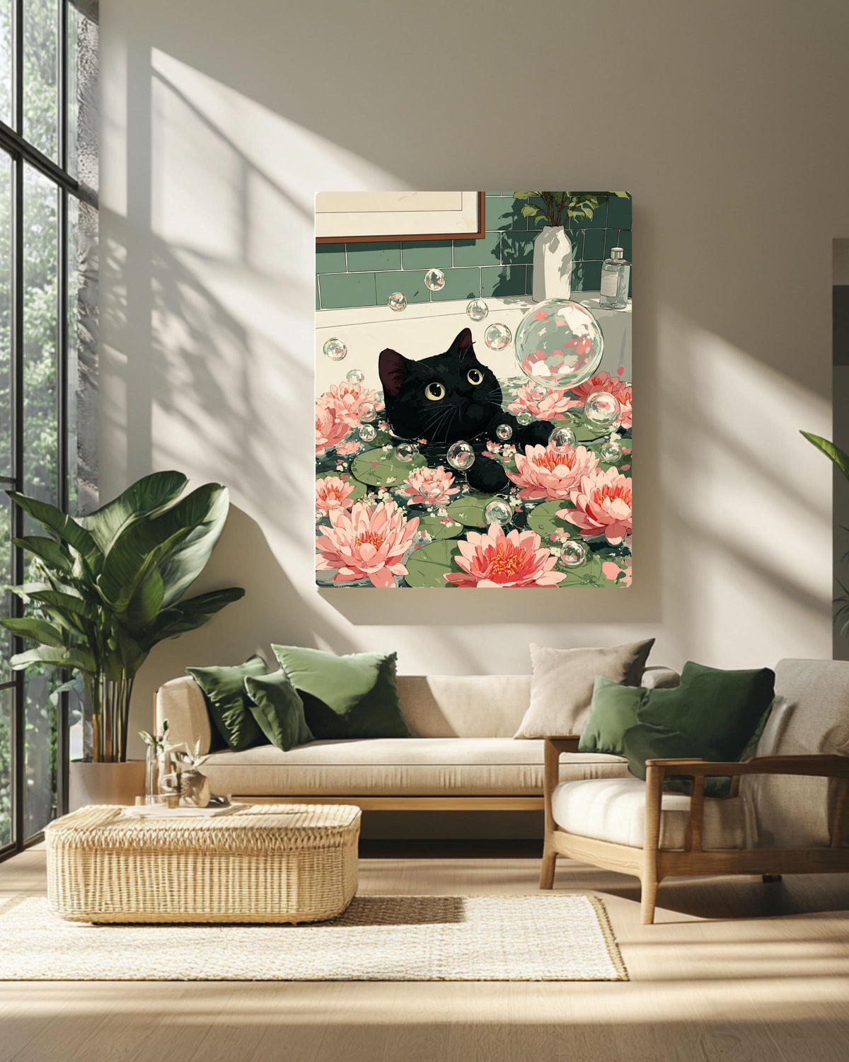 Funny Black Cat Bathtub Poster: Zen Japandi Bathroom Wall Art
