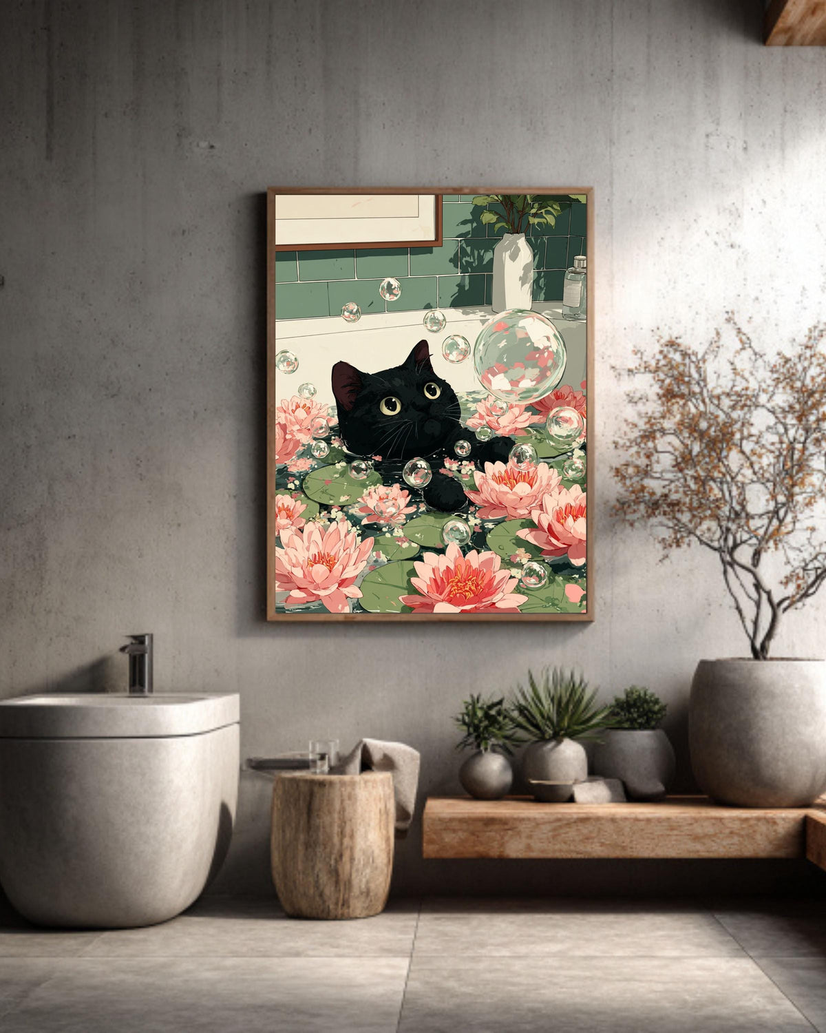 Funny Black Cat Bathtub Poster: Zen Japandi Bathroom Wall Art