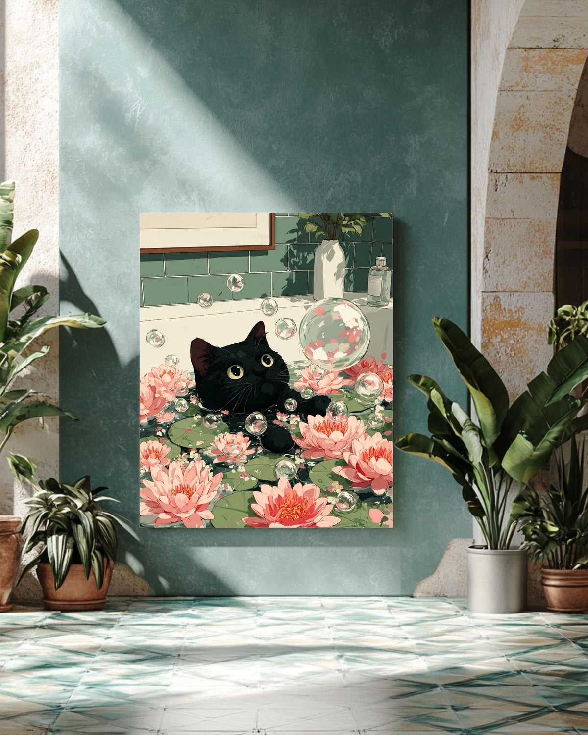 Funny Black Cat Bathtub Poster: Zen Japandi Bathroom Wall Art
