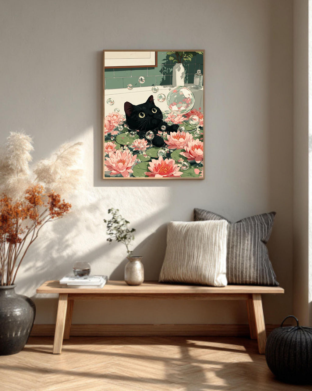 Funny Black Cat Bathtub Poster: Zen Japandi Bathroom Wall Art