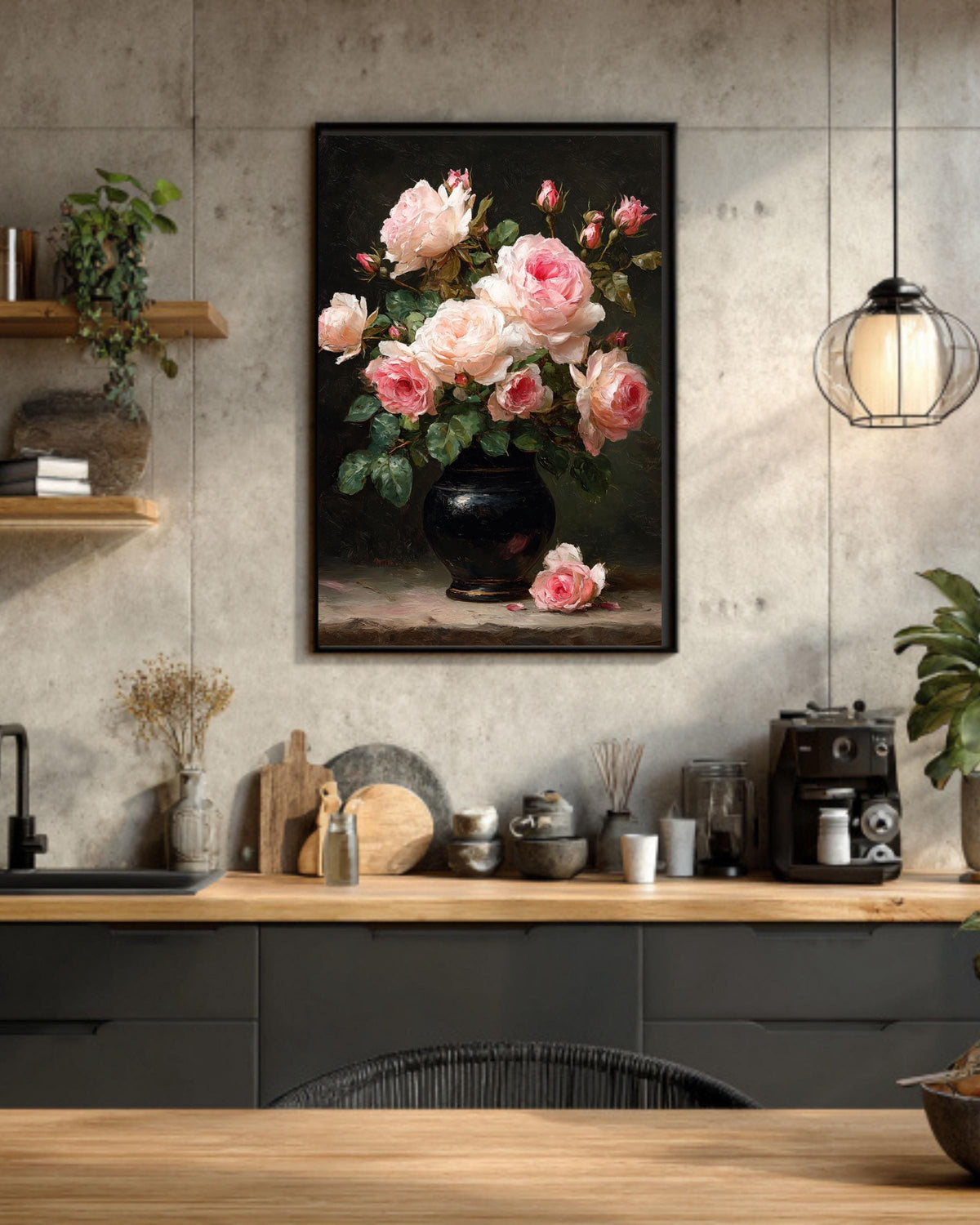 Moody Pink Peonies Canvas Print: Vintage Floral Wall Art