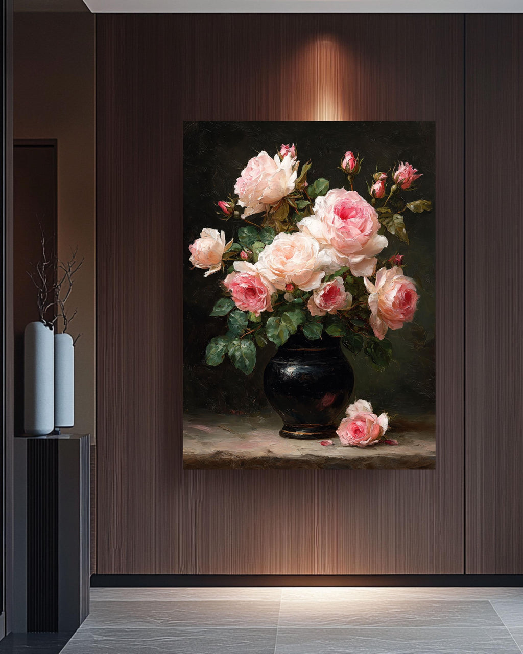 Moody Pink Peonies Canvas Print: Vintage Floral Wall Art