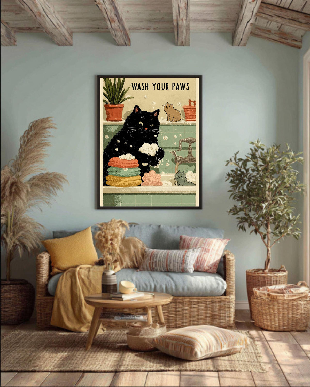 Wash Your Paws Cat Print: Kawaii Bathroom Wall Art