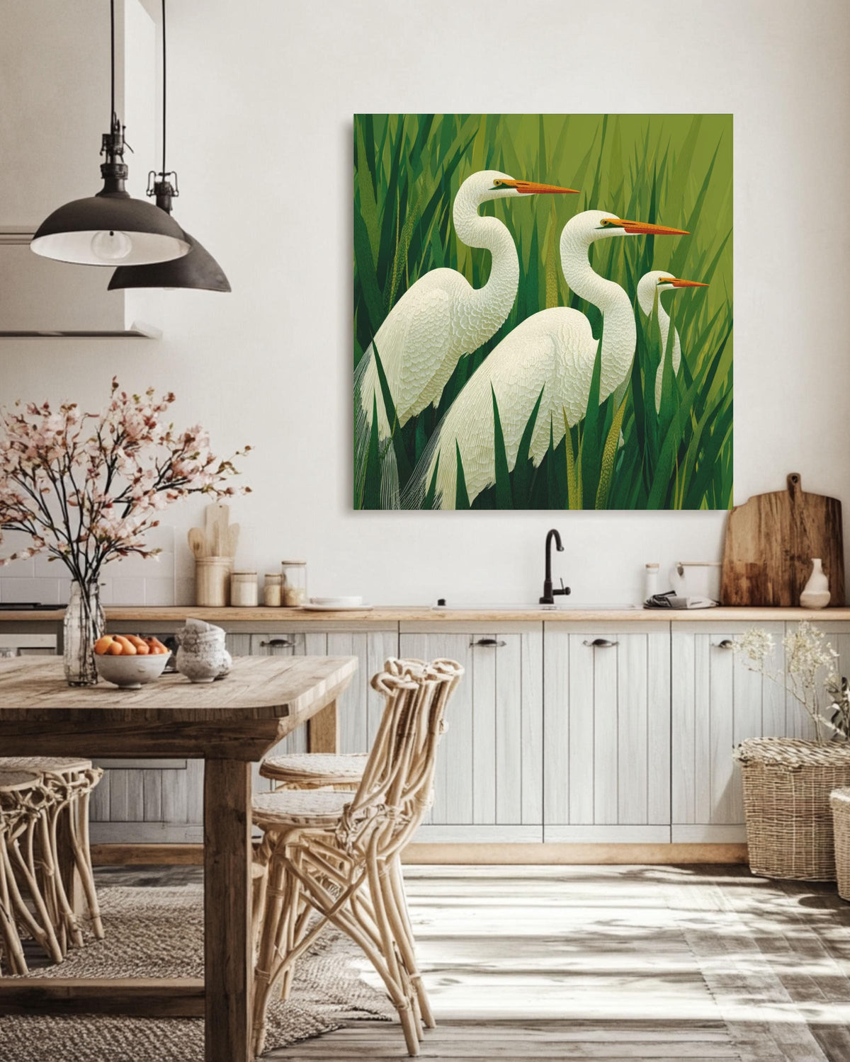 Egrets Art Print | Modern Bird Wall Art | Coastal Nature Canvas | Elegant Minimalist Home Decor