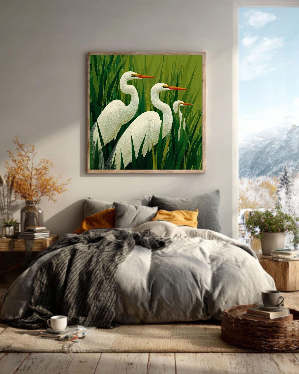 Egrets Art Print | Modern Bird Wall Art | Coastal Nature Canvas | Elegant Minimalist Home Decor